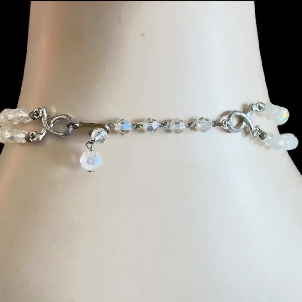 14” AB Crystal Czech Glass Double Strand Beaded Bib Necklace Vintage 1940’s